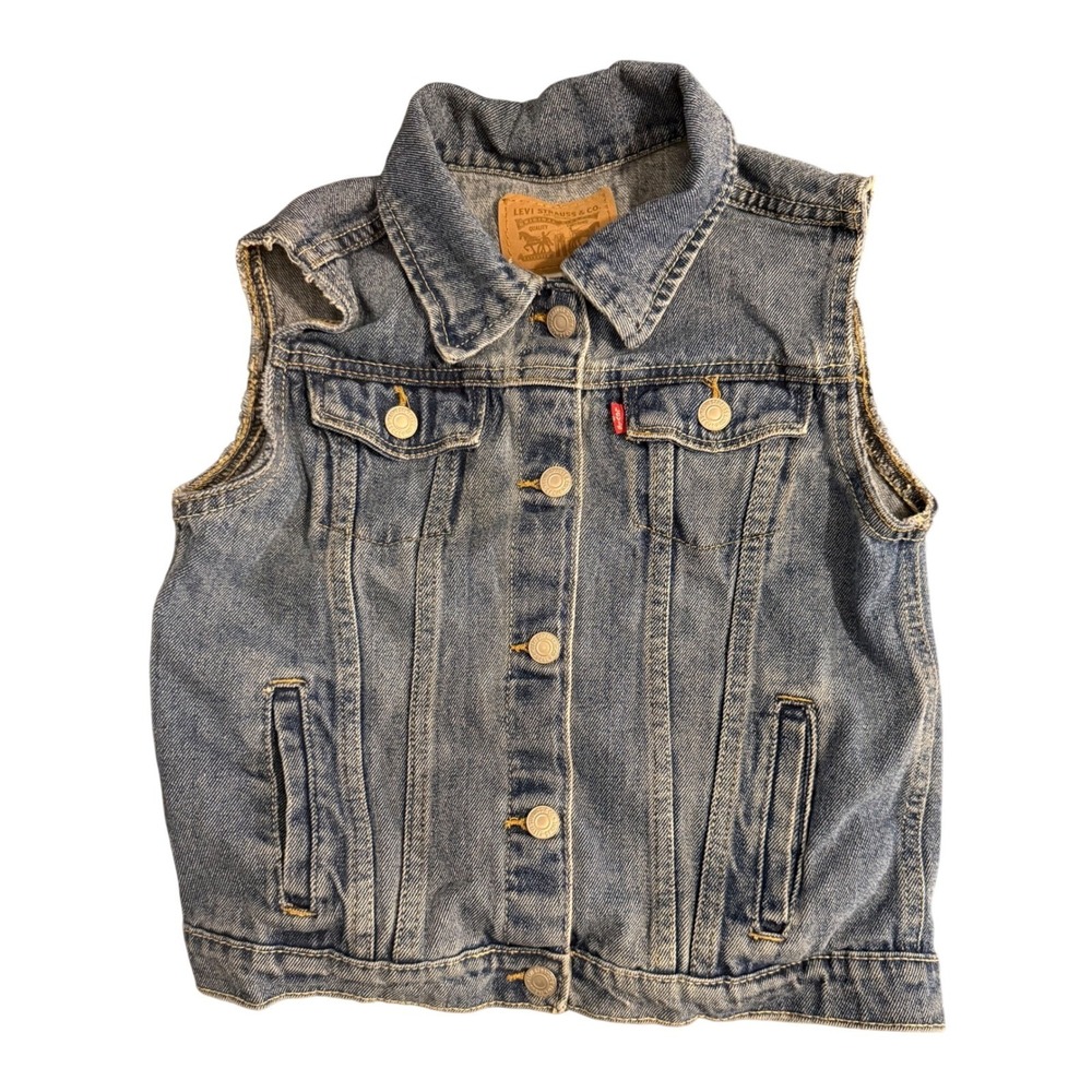 Levi's Trucker Denim Vest Youth Large Blue Sleeveless Raw Edge Jacket